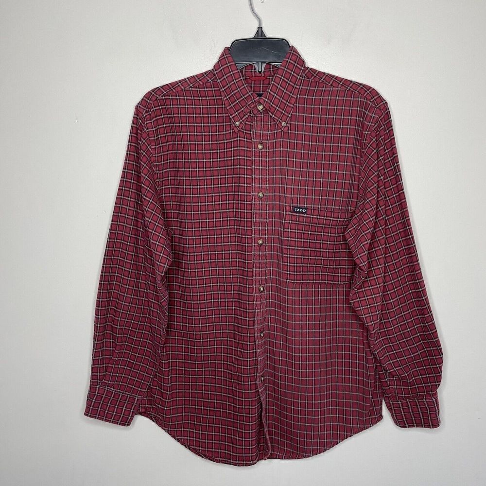 IZOD Shirt Mens Small S Red Check Plaid Flannel Button-Down Long Sleeve Cotton